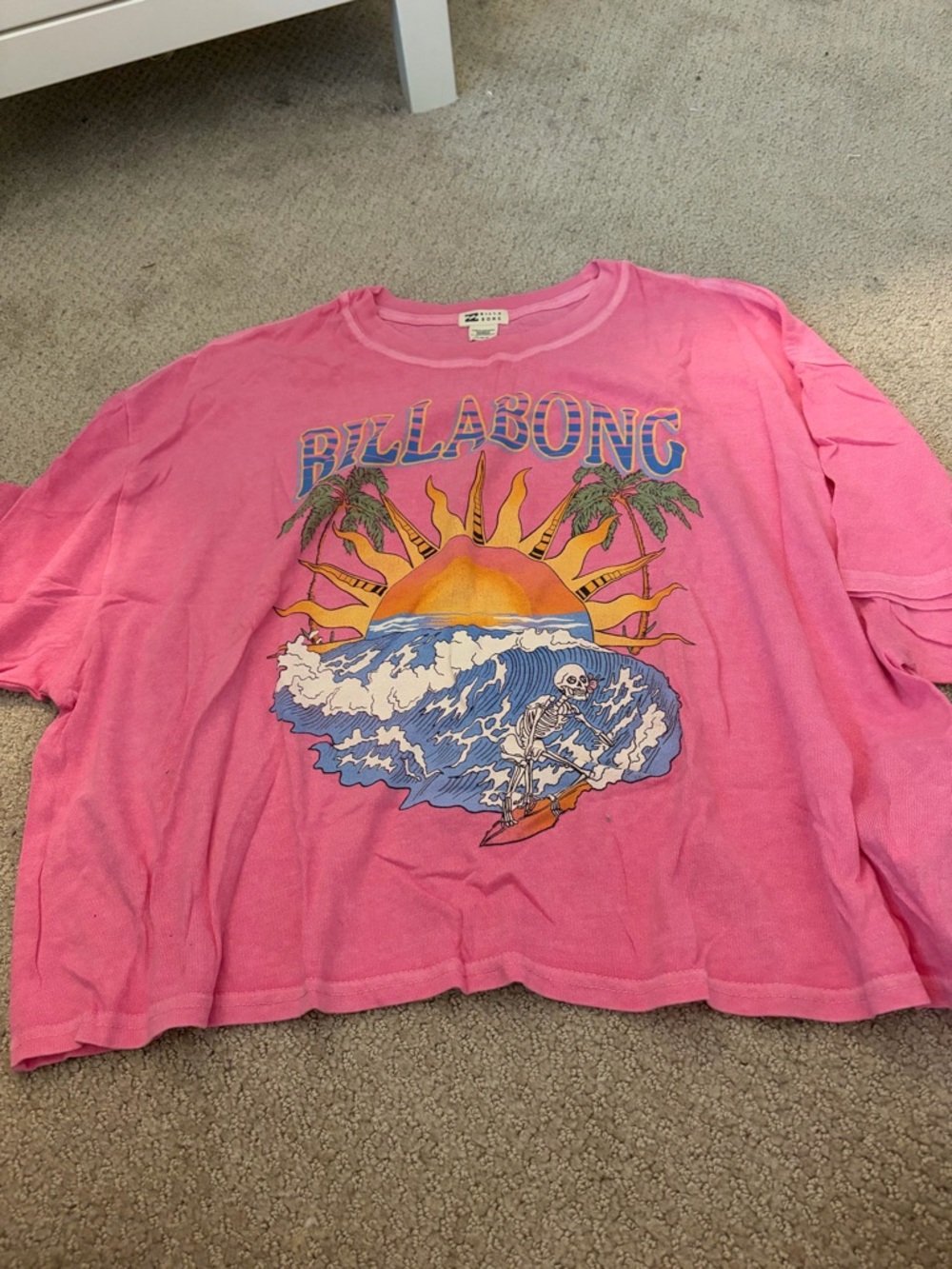 Billabong Pink Long Sleeve Graphic Tee with Sunset Surf Art